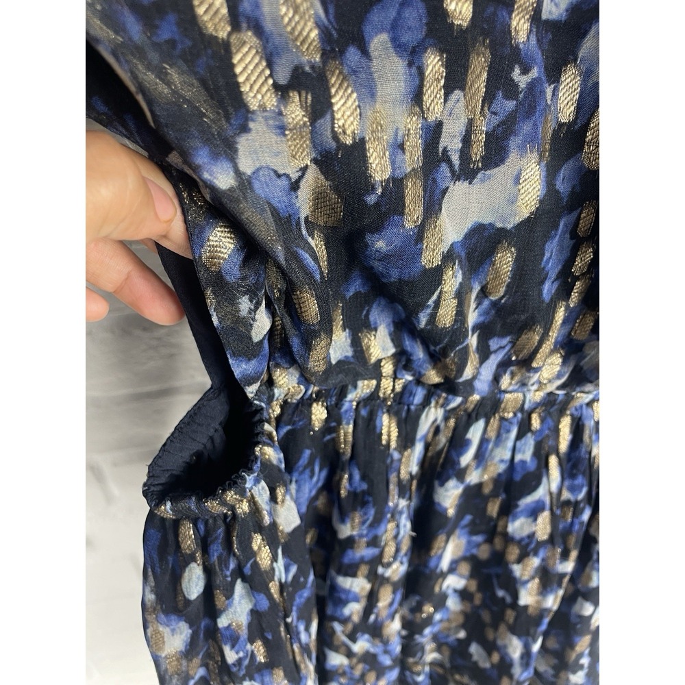 New French Connection metallic print mini dress Size 2 blue gold party holiday - Picture 2 of 6